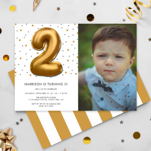 Modern Gold Foil Balloon 2nd Birthday Photo Invitation
