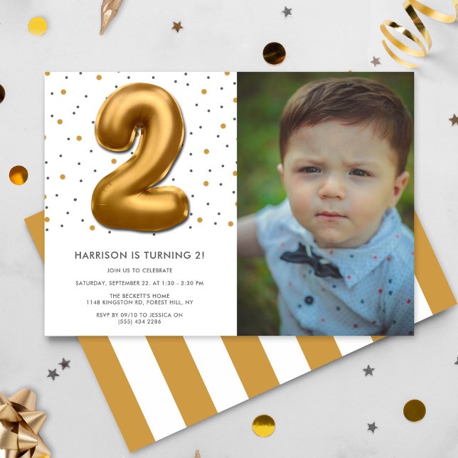 Modern Gold Foil Balloon 2nd Birthday Photo Invitation (Creator Uploaded)