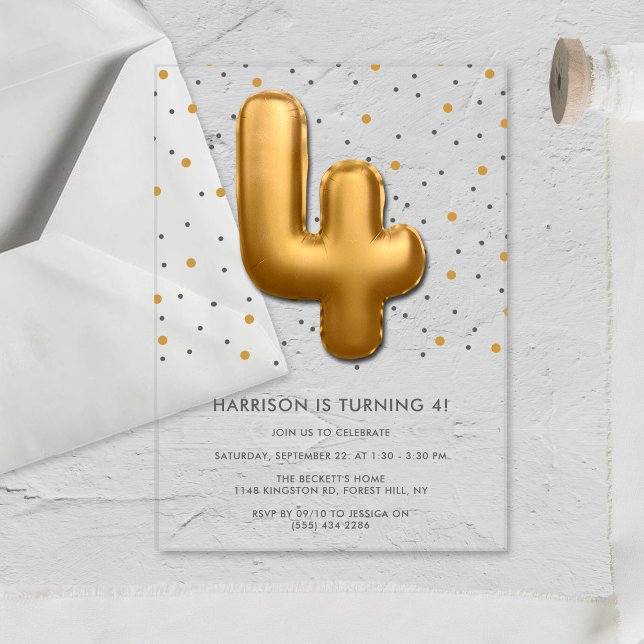 Modern Gold Foil Balloon 4th Birthday Acrylic Invitations (Creator Uploaded)