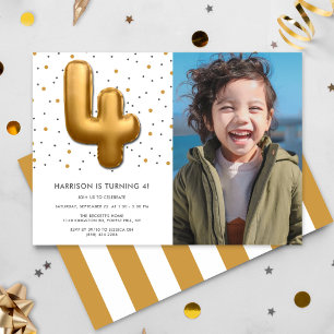 Modern Gold Foil Balloon 4th Birthday Photo Invitation