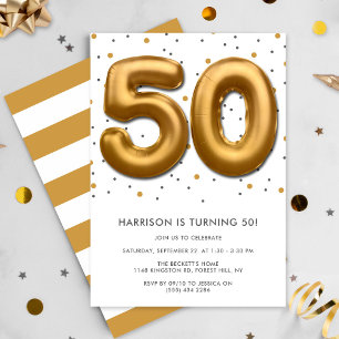 Modern Gold Foil Balloon 50th Birthday Invitation