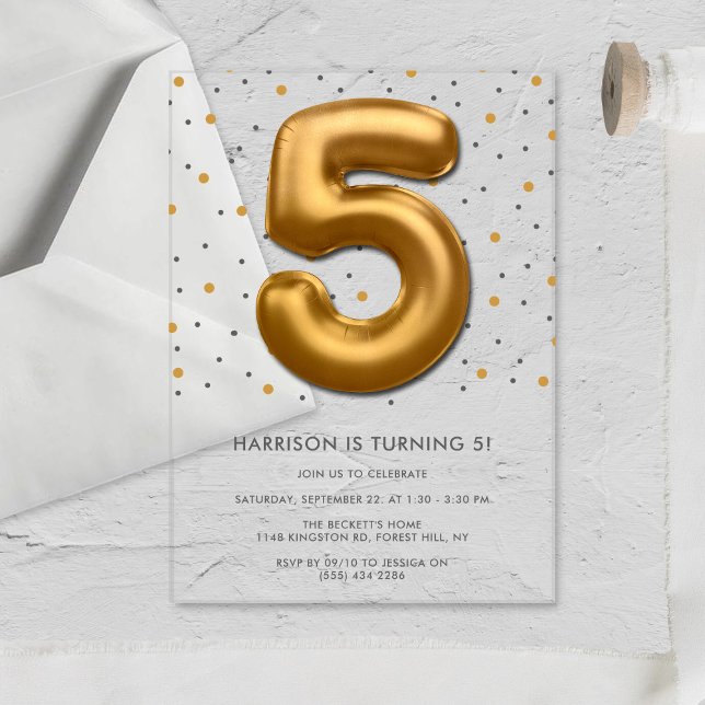 Modern Gold Foil Balloon 5th Birthday Acrylic Invitations (Creator Uploaded)