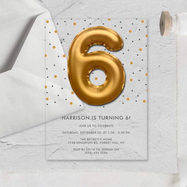 Modern Gold Foil Balloon 6th Birthday Acrylic Invitations (Creator Uploaded)