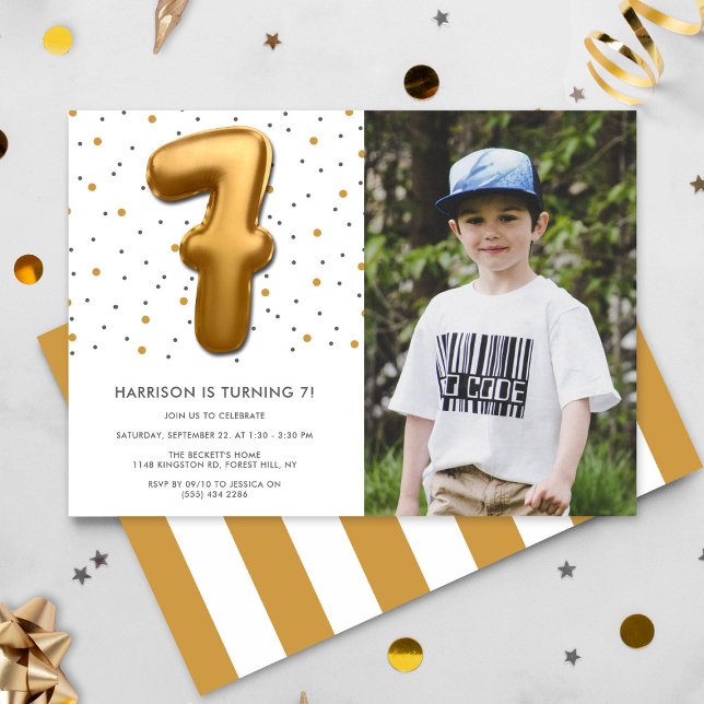 Modern Gold Foil Balloon 6th Birthday Photo Invitation (Creator Uploaded)