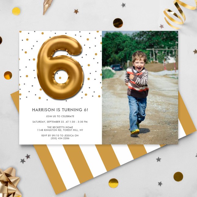 Modern Gold Foil Balloon 6th Birthday Photo Invitation (Creator Uploaded)