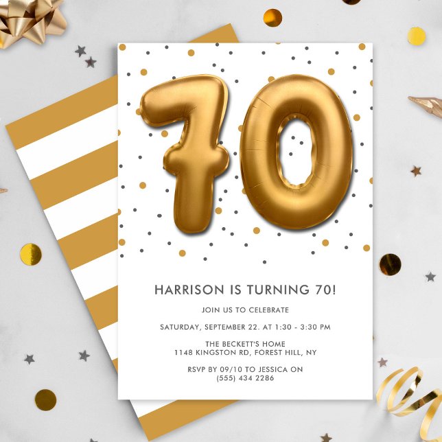Modern Gold Foil Balloon 70th Birthday Invitation (Creator Uploaded)