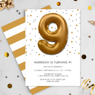 Modern Gold Foil Balloon 9th Birthday Invitation