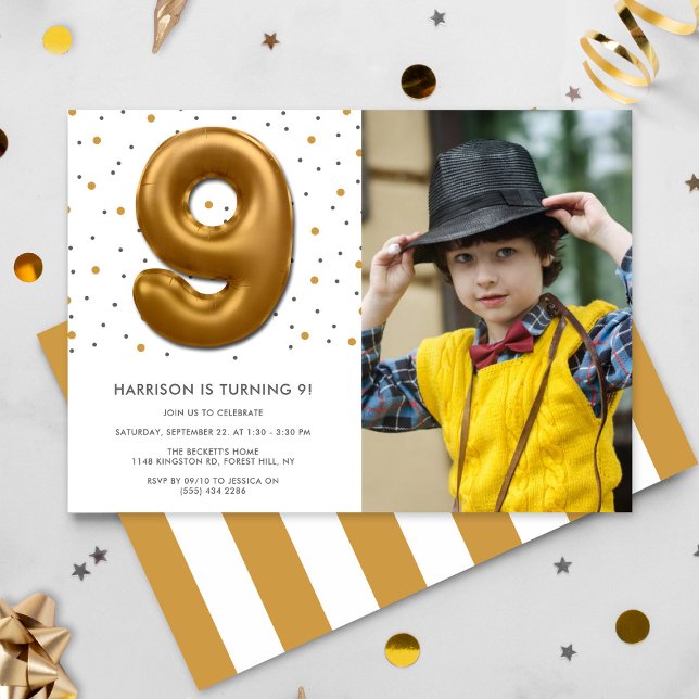 Modern Gold Foil Balloon 9th Birthday Photo Invitation (Creator Uploaded)