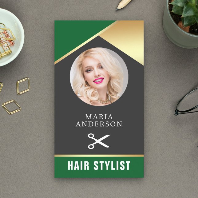 Modern Gold Foil Beauty Salon Hair Stylist Photo Business Card (Creator Uploaded)