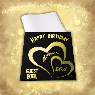 Modern Gold Foil Birthday on Black - Monogram   Guest Book