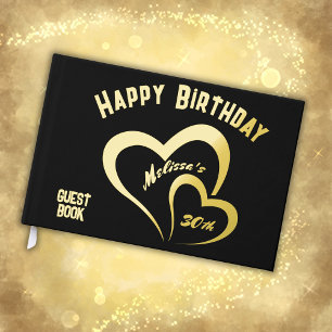Modern Gold Foil Birthday on Black Monogram Small Guest Book