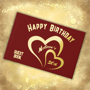 Modern Gold Foil Birthday on Maroon Rec Monogram   Guest Book