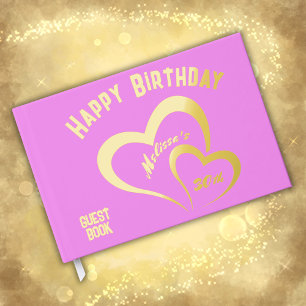 Modern Gold Foil Birthday on Pink Rect. Monogram   Guest Book
