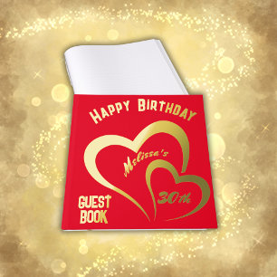 Modern Gold Foil Birthday on Red - Monogram Guest Book