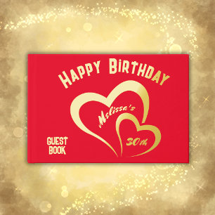 Modern Gold Foil Birthday on Red Monogram Small Guest Book