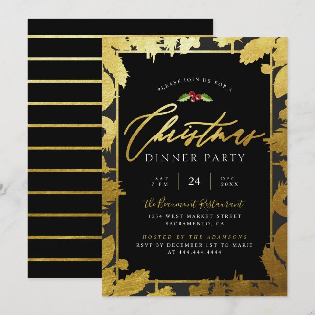 Modern Gold Foil & Black Christmas Dinner Party Invitation (Front/Back)