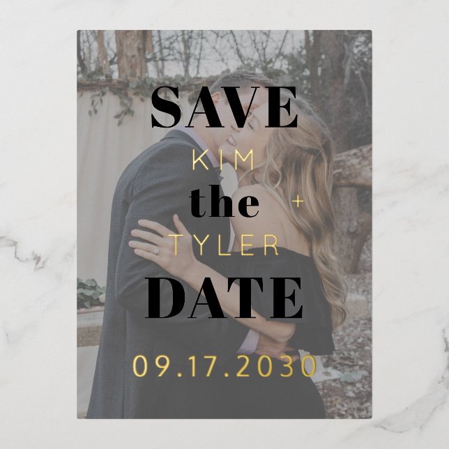 Modern gold foil black photo wedding save the date foil invitation postcard (Front)