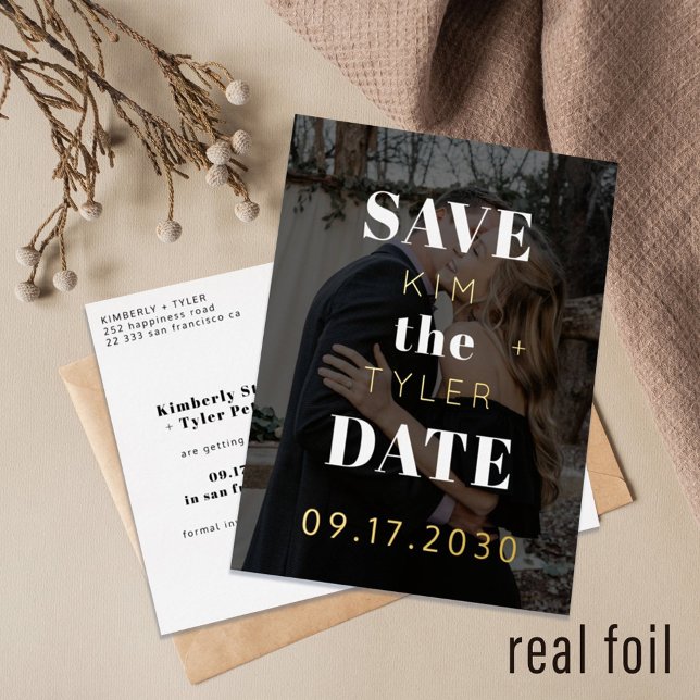 Modern gold foil black photo wedding save the date foil invitation postcard (Creator Uploaded)