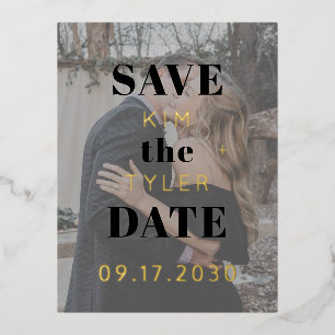 Modern gold foil black photo wedding save the date invitation postcard