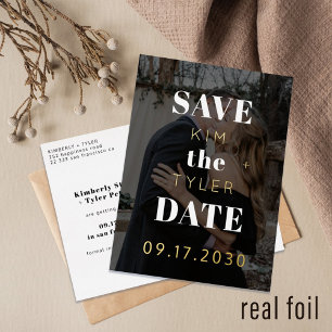 Modern gold foil black photo wedding save the date invitation postcard