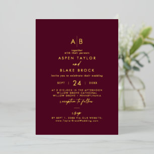 Modern Gold Foil Burgundy Monogram RSVP Wedding
