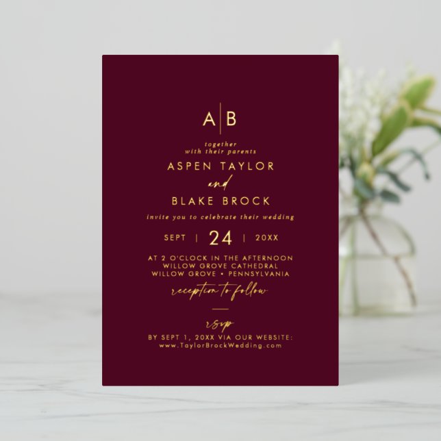 Modern Gold Foil Burgundy Monogram RSVP Wedding (Standing Front)