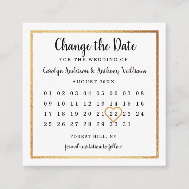 Modern Gold Foil Calendar Change The Date Enclosure Card (Front)