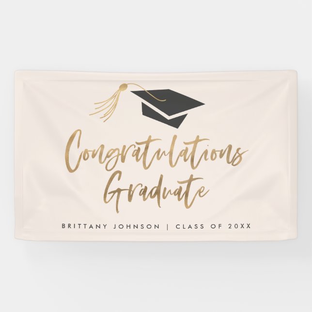 Modern Gold Foil Cap Congratulations Graduation Banner (Horizontal)