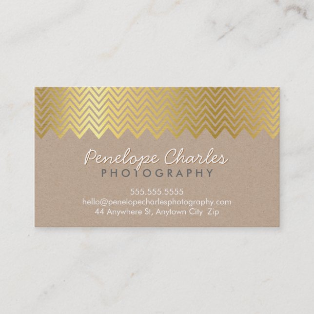 MODERN gold foil chevron pattern on natural kraft Business Card (Front)