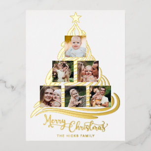 Modern Gold Foil Christmas Tree Family Multiphoto  Holiday Postcard