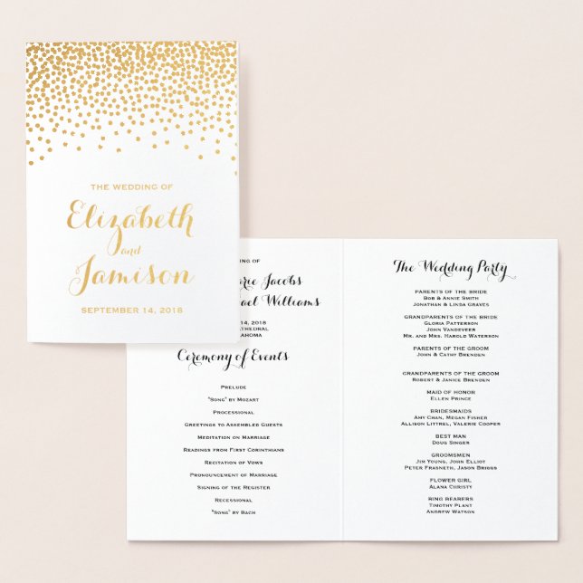 Modern Gold Foil Confetti Dots Wedding Program Foil Card (Display)