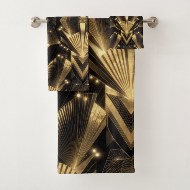 Modern Gold Foil Elegance Neo Art Deco Bath Towel Set (Insitu)