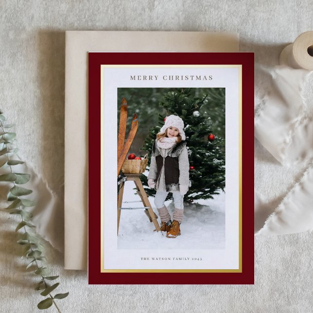 Modern Gold Foil Frame Burgundy Photo Christmas (Elegant photo Christmas card featuring gold foil frame and a burgundy background,)