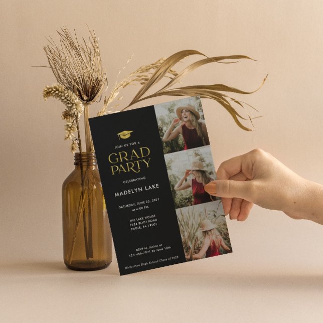 Modern Gold Foil Grad Party 4 Photo Invitation (Creator Uploaded)