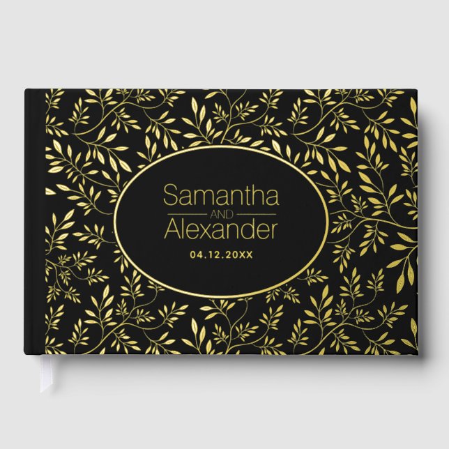 Modern gold foil leaves and frame black wedding guest book (Front)