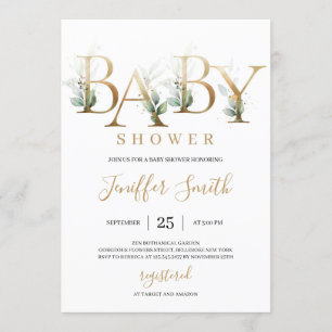 Modern gold foil letters green leaves baby shower invitation