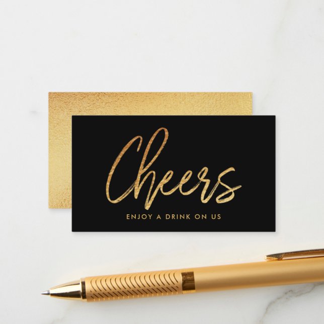 Modern Gold Foil Script "Cheers" Drink Ticket Enclosure Card (Front/Back In Situ)
