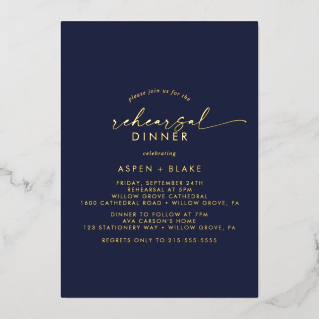 Modern Gold Foil Script | Navy Rehearsal Dinner (Front)