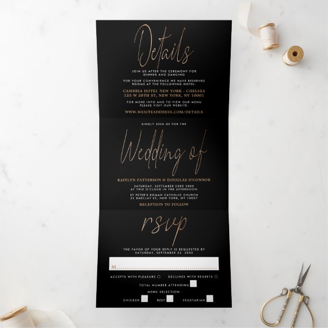 Modern Gold Foil Script Wedding Suite Tri-Fold Invitation (Inside)