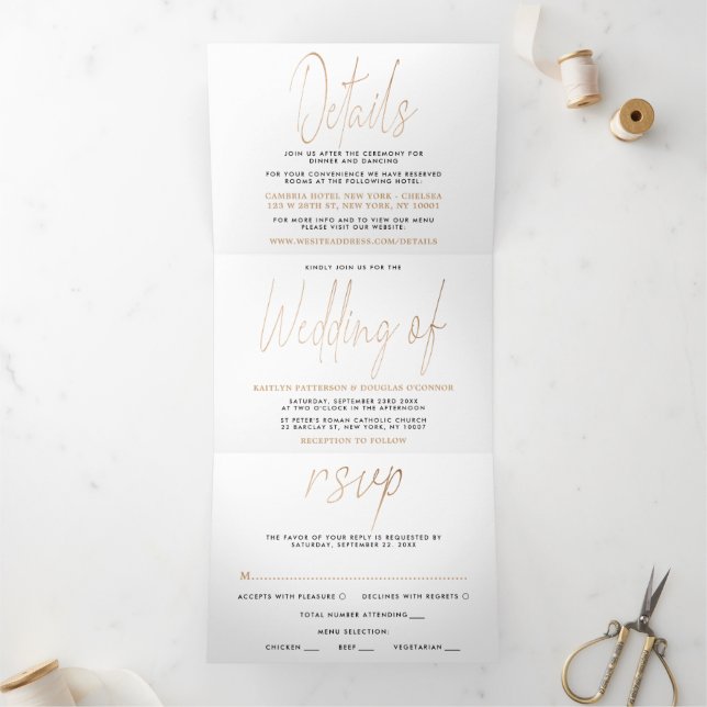 Modern Gold Foil Script Wedding Suite Tri-Fold Invitation (Inside)