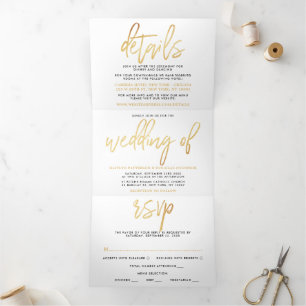 Modern Gold Foil Script Wedding Suite Tri-Fold Invitation