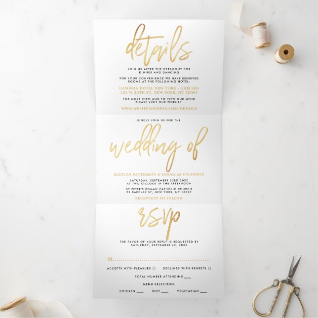 Modern Gold Foil Script Wedding Suite Tri-Fold Invitation (Inside)