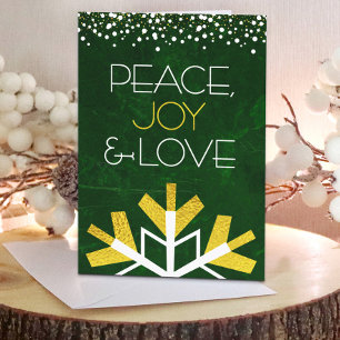 Modern Gold Foil Snowflake Peace Joy Love Green Holiday Card
