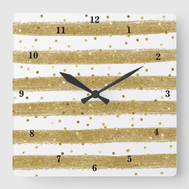 Modern Gold Foil, White, Stripes, Confetti Clock (Front)