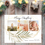 Modern Gold Foliage 3 Photo Collage Christmas  Postcard<br><div class="desc">Elegant, modern gold and green botanical leaves 3 photo collage holiday postcard with modern whimsical script and faux gold foil frame and foliage of botanical leaves is both festive and minimalist. The „Merry Christmas” greeting text is written in a beautiful black hand lettered typography font type on white background and...</div>