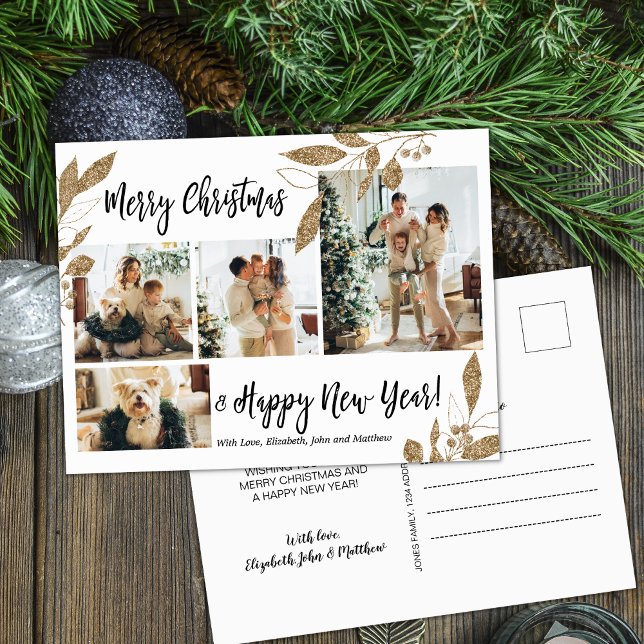 Modern Gold Foliage 4 Photo Collage Christmas Post Postcard (Creator Uploaded)