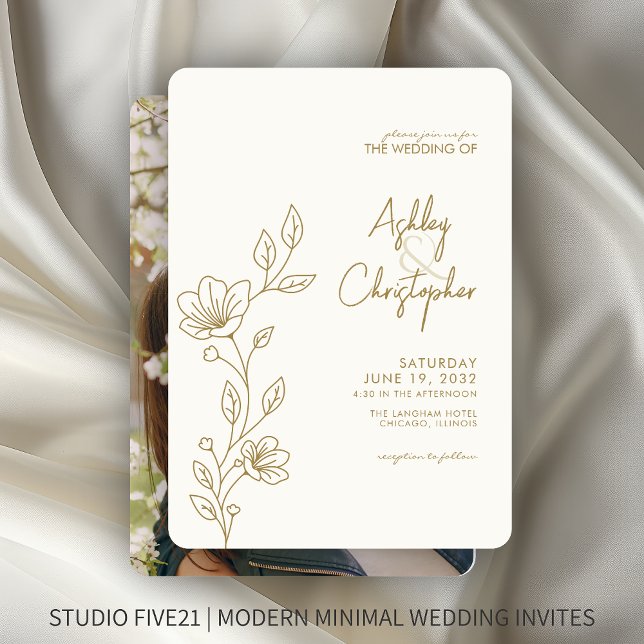 Modern Gold Foliage Outline Photo Wedding Invitation (Creator Uploaded)