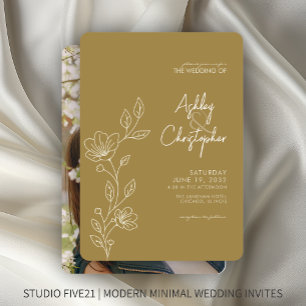 Modern Gold Foliage Outline Photo Wedding Invitation
