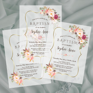Modern Gold Frame Blush Pink Flowers Girl Baptism Vellum Invitations