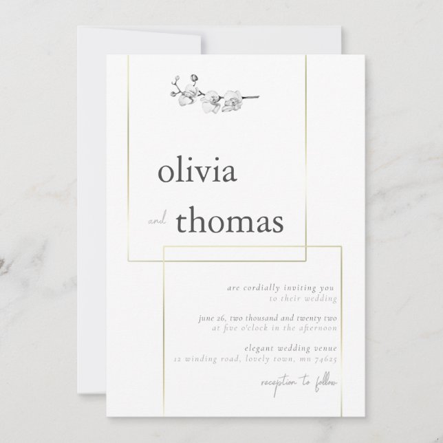 Modern Gold Frame Boho Black White Orchid Wedding Invitation (Front)